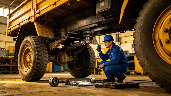 A mechanic inspecting a truck’s drivetrain component in a well-lit workshop