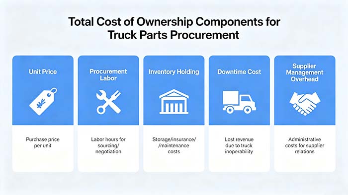 Diagram showing total cost of ownership components for truck parts procurement: unit price, procurement labor, inventory holding, downtime cost, and supplier management overhead