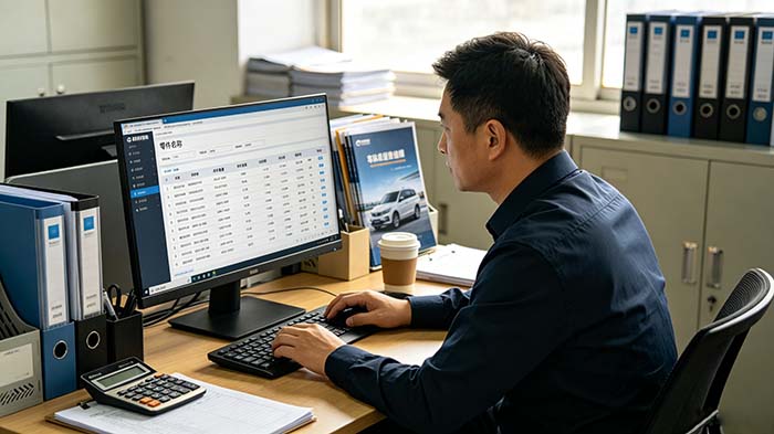 Fleet manager reviewing truck parts inventory on a computer screen, considering supply chain options for cost efficiency