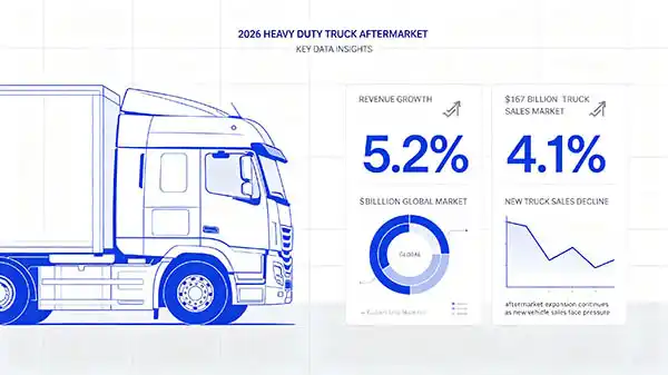 Infographic showing 2026 heavy duty truck aftermarket key data: 5.2% revenue growth, $167 billion global market, 4.1% new truck sales decline
