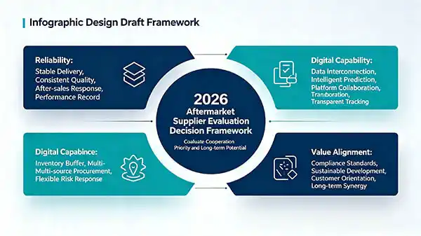Decision framework diagram showing key factors for evaluating aftermarket suppliers in 2026: reliability, digital capabilities, supply chain resilience, and value alignment